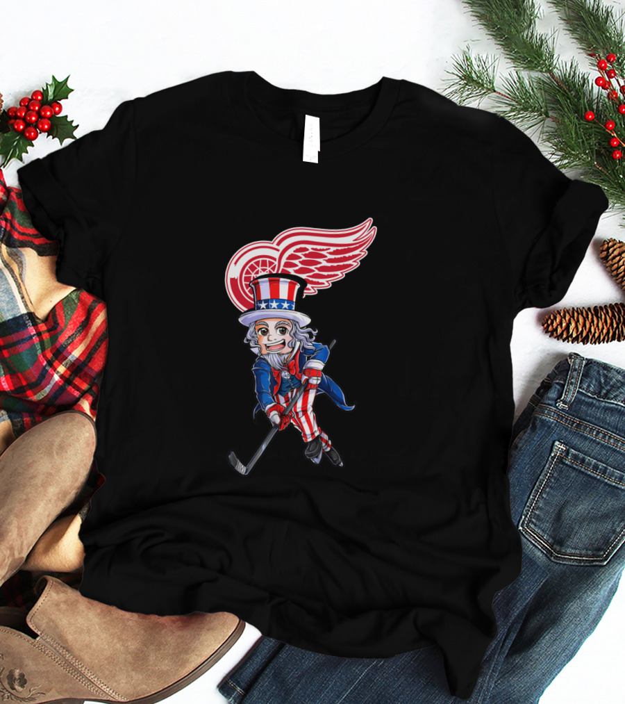 Uncle Sam Hockey With Detroit Red Wings Logo For 4Th Of July Celebration T-Shirt