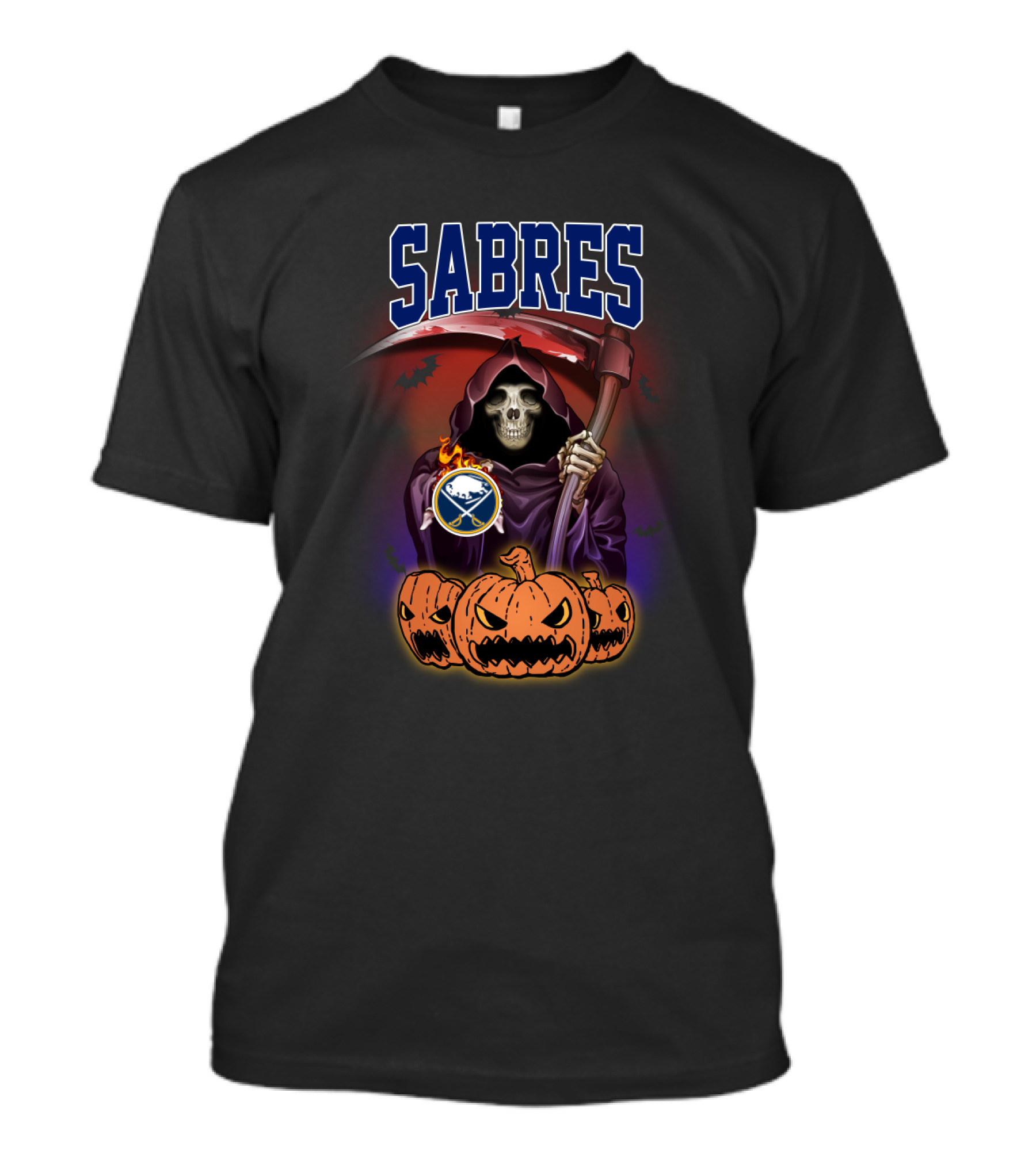 Buffalo Sabres Halloween Reaper With Scythe And Pumpkins T-Shirt
