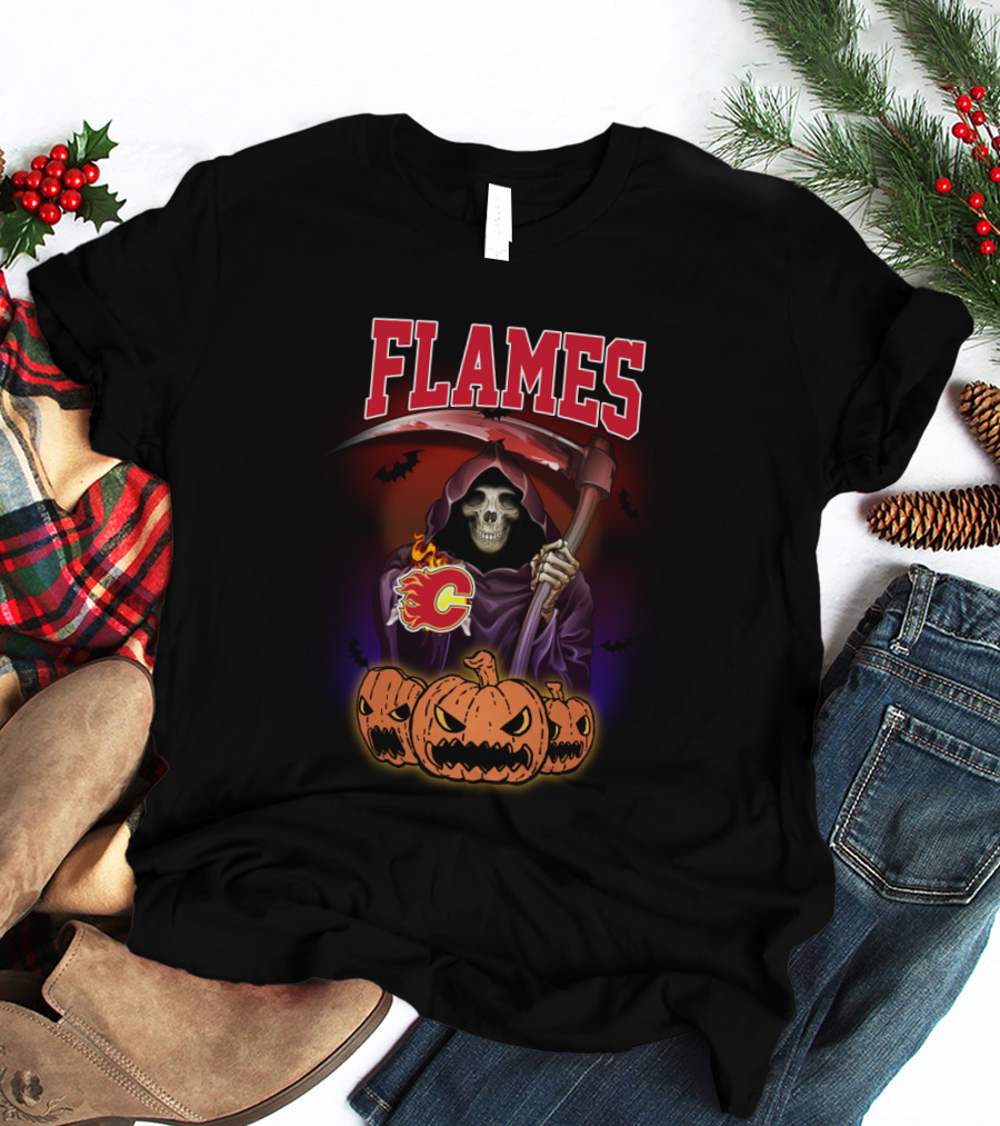 Flames Calgary Reaper With Scythe And Halloween Pumpkins T-Shirt