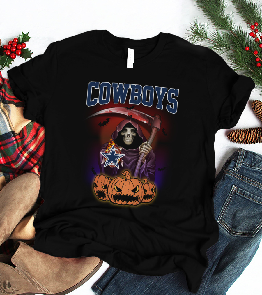 Cowboys Halloween Reaper With Scythe And Pumpkins T-Shirt