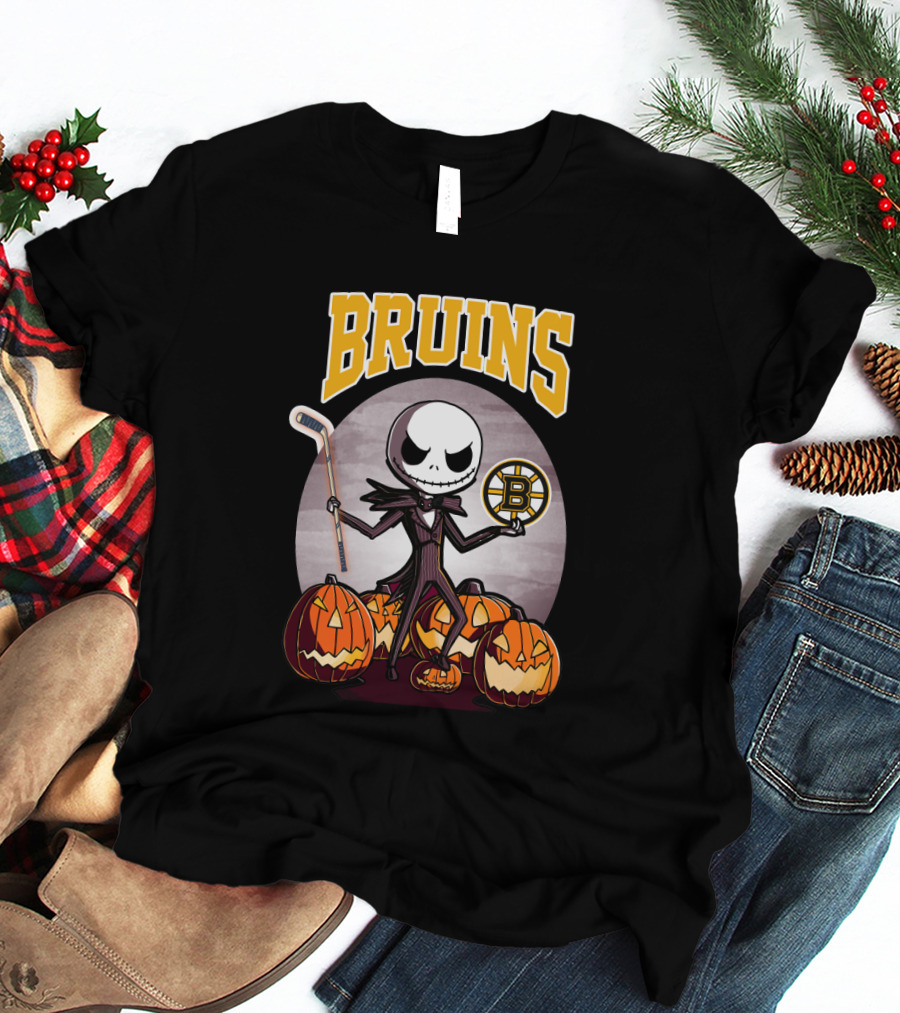 Bruins Jack Skellington Halloween With Boston Hockey Pumpkins T-Shirt