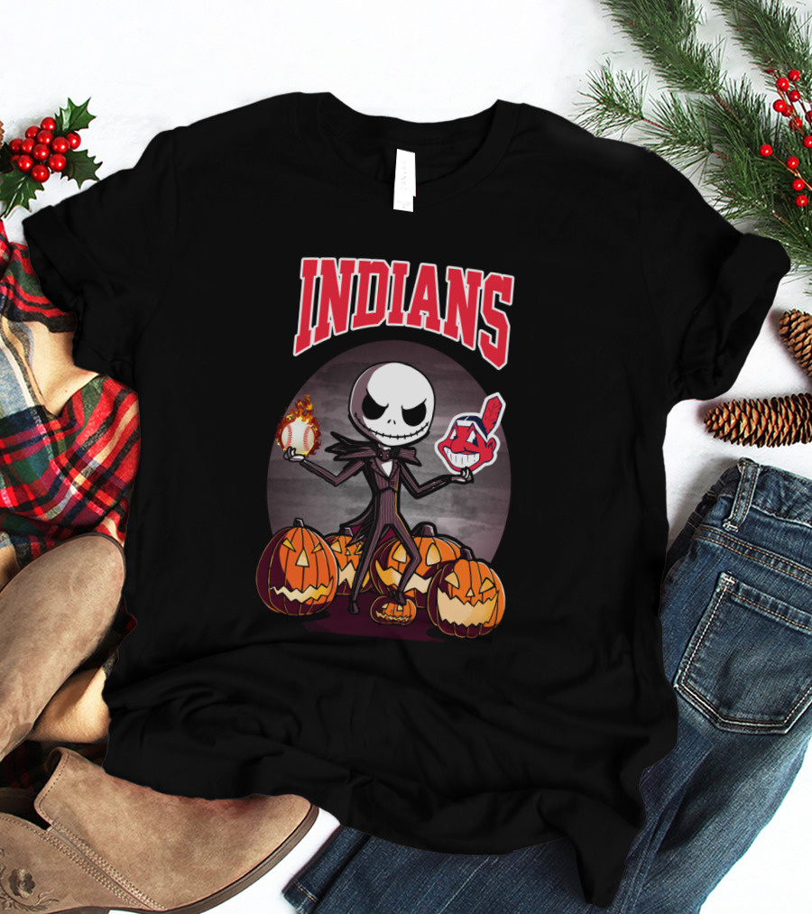 Indians Jack Skellington Halloween Baseball Mashup Pumpkins T-Shirt