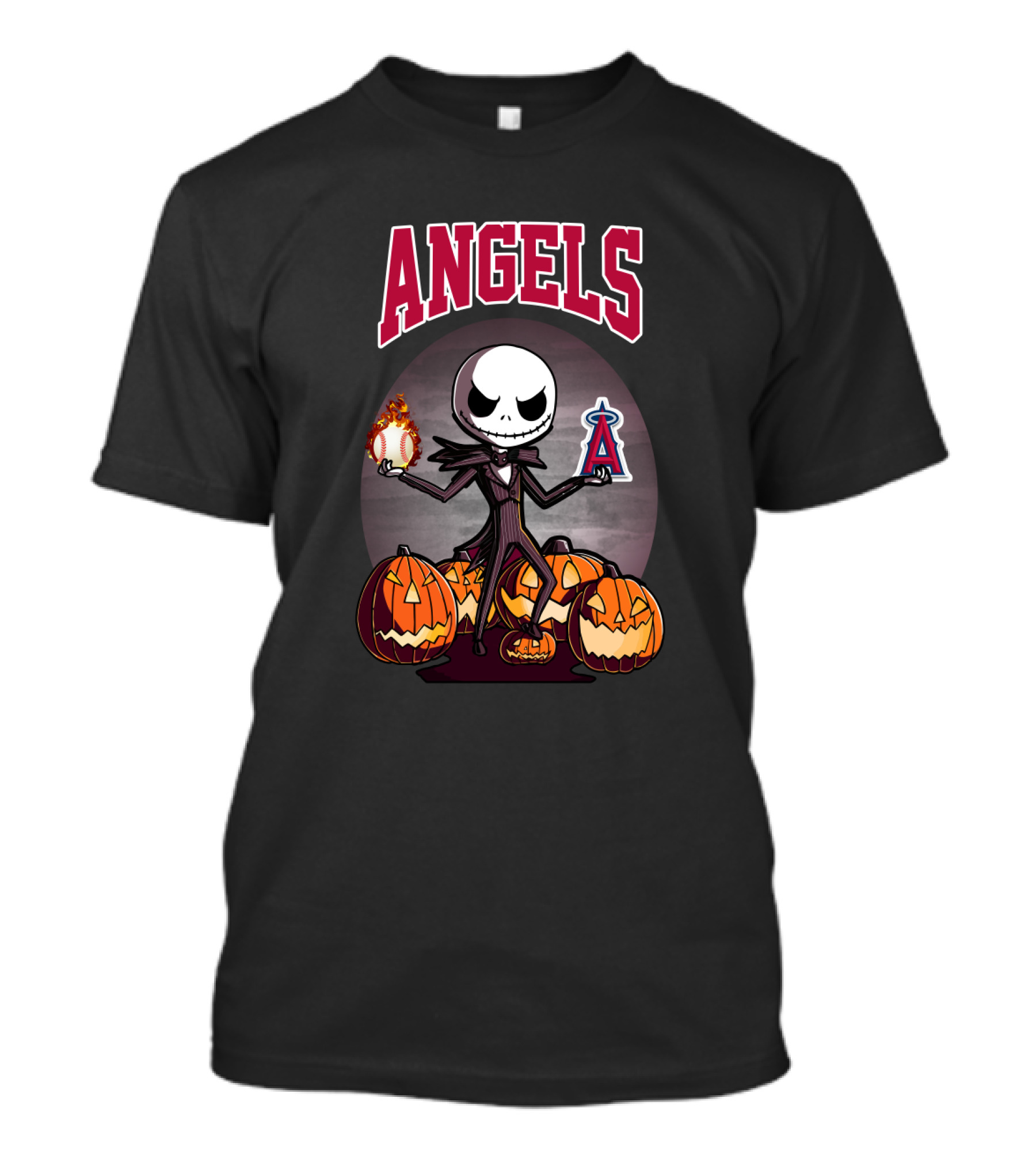 Jack Skellington Halloween Los Angeles Angels Pumpkins With Baseball And Halo T-Shirt