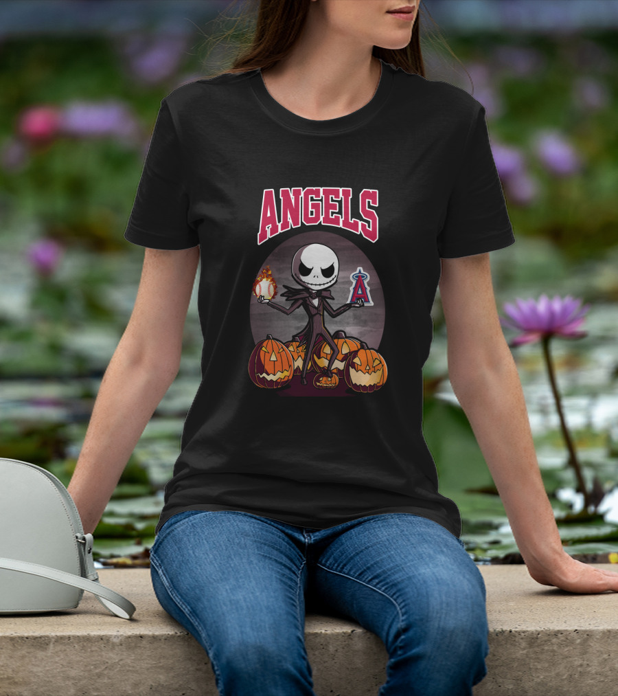 Jack Skellington Halloween Los Angeles Angels Pumpkins With Baseball And Halo T-Shirt