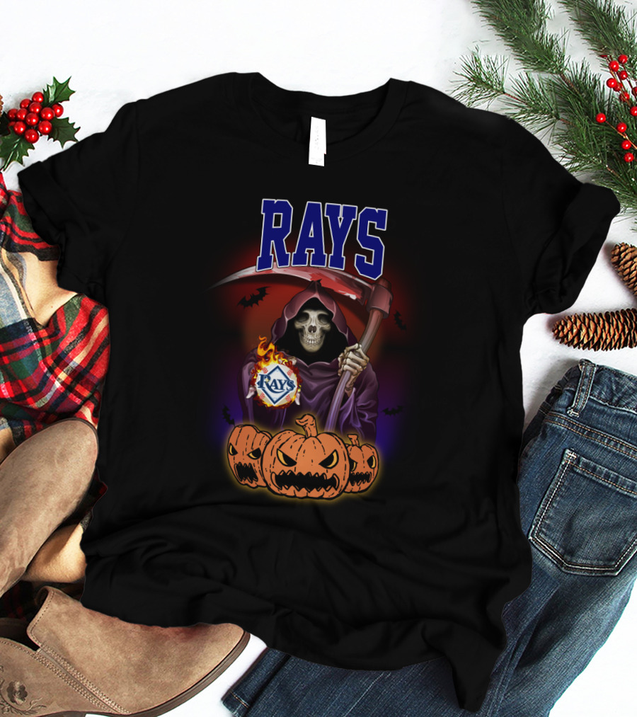 Tampa Bay Rays Reaper Holding Scythe With Pumpkins And Bats T-Shirt