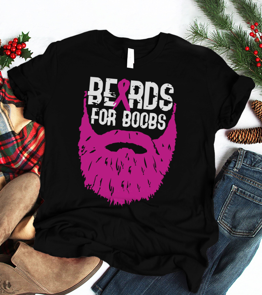 Beards For Boobs Breast Cancer Awareness Pink Ribbon Beard T-Shirt