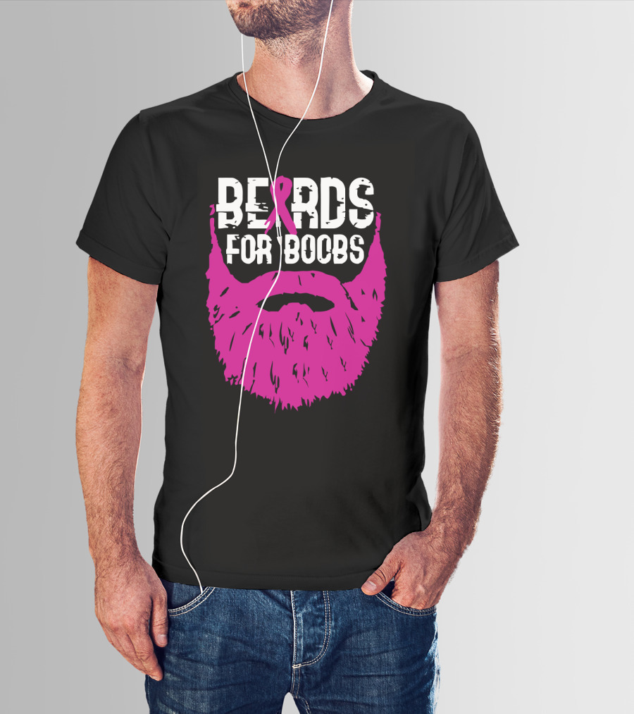 Beards For Boobs Breast Cancer Awareness Pink Ribbon Beard T-Shirt