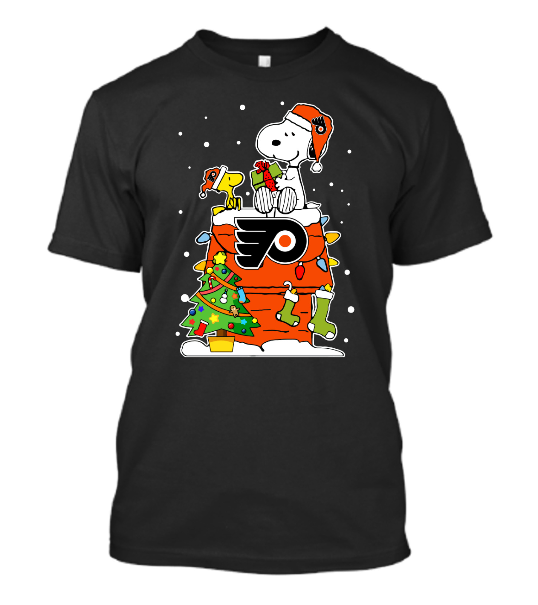 Snoopy Philadelphia Flyers Christmas Celebration With Woodstock And Gifts T-Shirt