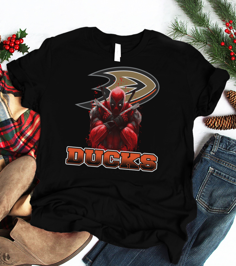 Anaheim Ducks And Deadpool Mashup Featuring Iconic Logo And Comic Character T-Shirt