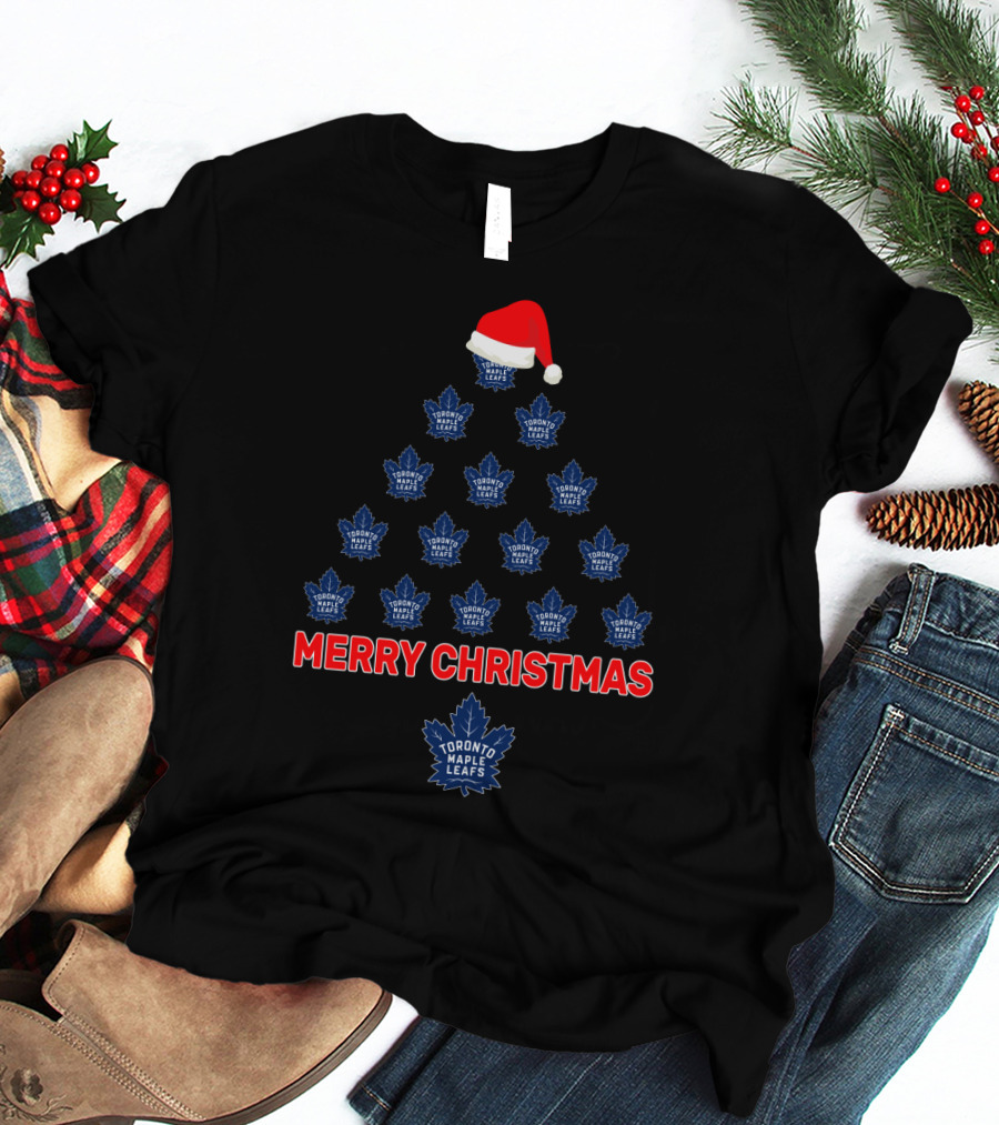 Toronto Maple Leafs Merry Christmas Tree With Santa Hat T-Shirt