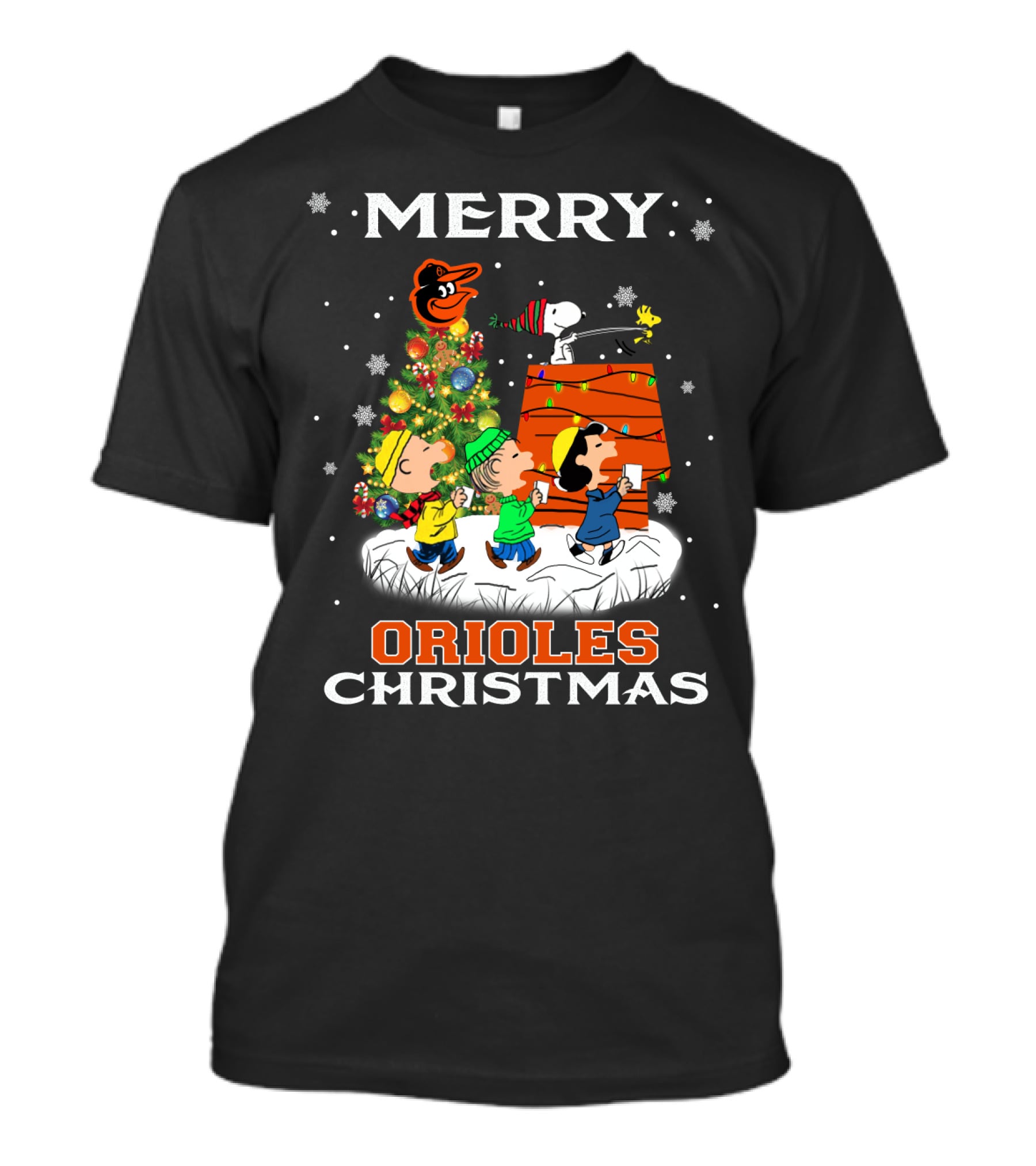 Merry Orioles Christmas Featuring Snoopy And Friends With Baltimore Logo And Festive Tree T-Shirt