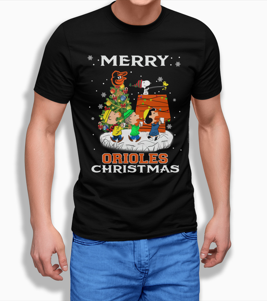Merry Orioles Christmas Featuring Snoopy And Friends With Baltimore Logo And Festive Tree T-Shirt