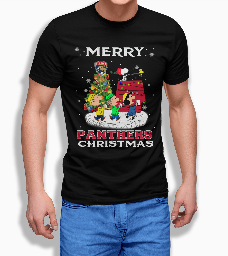 Merry Florida Panthers Christmas With Snoopy And Peanuts Holiday Scene T-Shirt