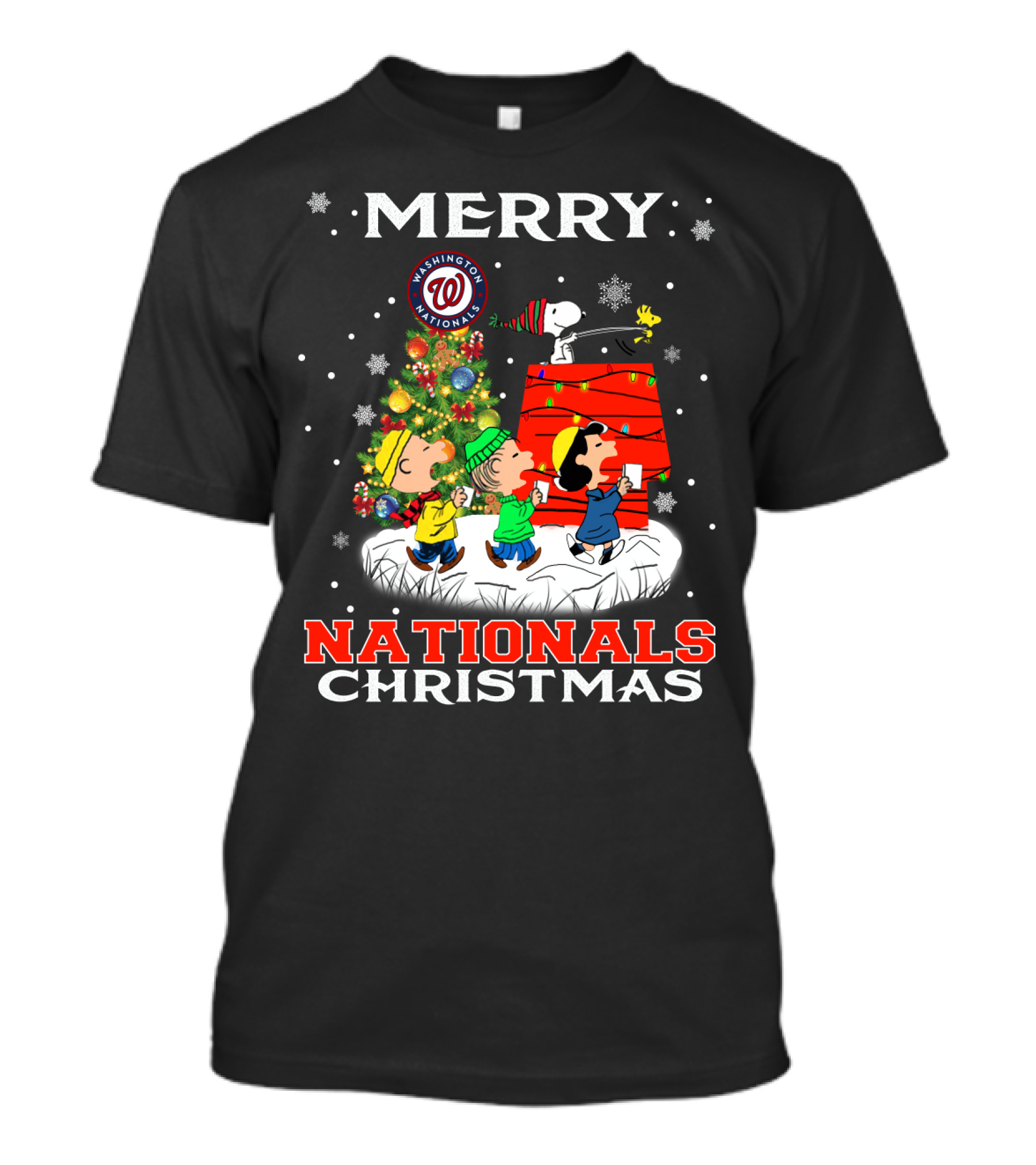 Merry Washington Nationals Christmas Snoopy With Peanuts Characters Decorate Tree T-Shirt