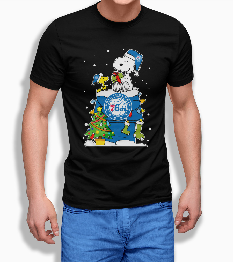 Philadelphia 76ers Snoopy Christmas Present With Tree And Woodstock T-Shirt