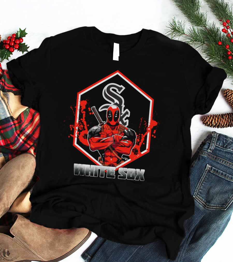 Deadpool And Chicago White Sox Fan Crossover Featuring Sox Logo And White Sox T-Shirt