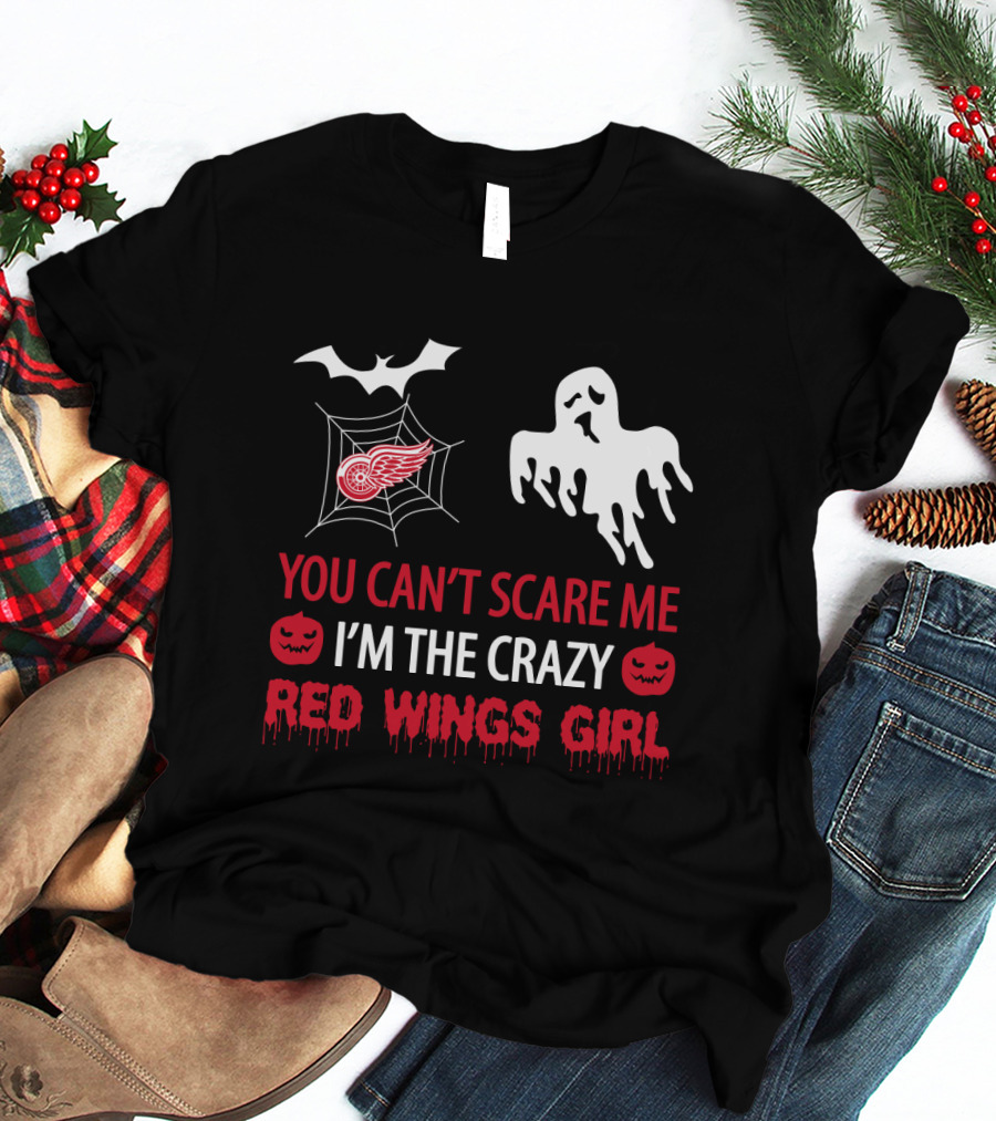 You Can't Scare Me I'm The Crazy Red Wings Girl Halloween Ghost Bat Spiderweb T-Shirt