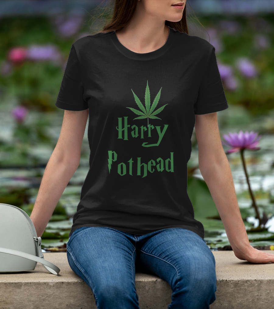 Harry Pothead Cannabis Leaf Parody Design With Iconic Wizard Font T-Shirt