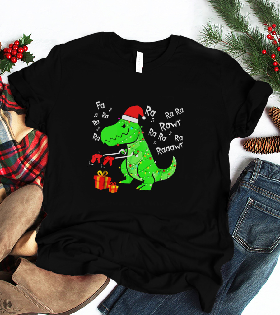 Santa Hat Dinosaur With Christmas Lights And Presents Singing Fa Ra Ra Ra Rawr Raaawr Tree Rex T-Shirt