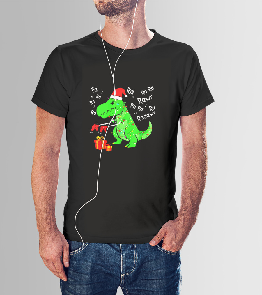 Santa Hat Dinosaur With Christmas Lights And Presents Singing Fa Ra Ra Ra Rawr Raaawr Tree Rex T-Shirt