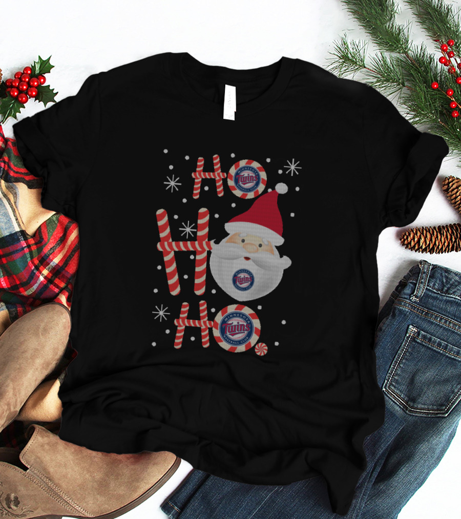 Ho Ho Ho Merry Xmas For Minnesota Twins Baseball Fans With Santa And Candy Cane T-Shirt