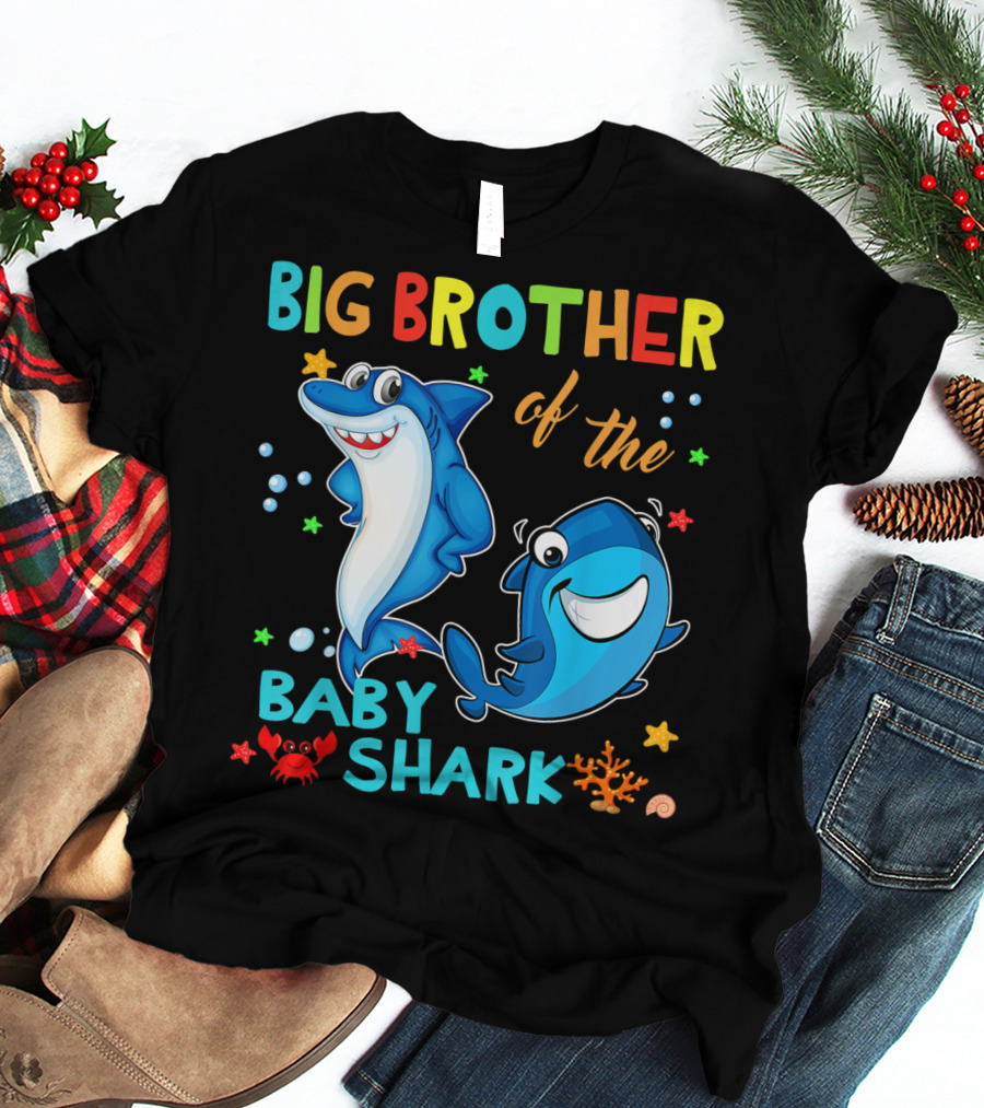 Big Brother Of The Baby Shark With Cartoon Sharks And Sea Creatures T-Shirt