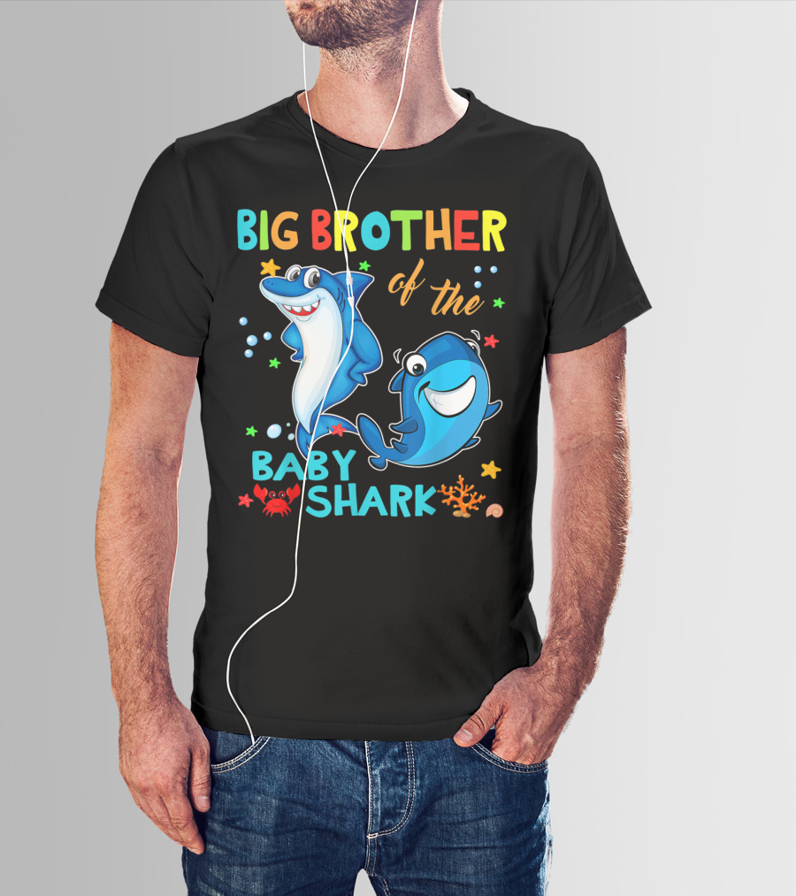 Big Brother Of The Baby Shark With Cartoon Sharks And Sea Creatures T-Shirt