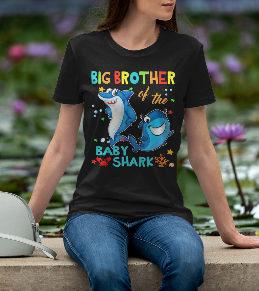Big Brother Of The Baby Shark With Cartoon Sharks And Sea Creatures T-Shirt
