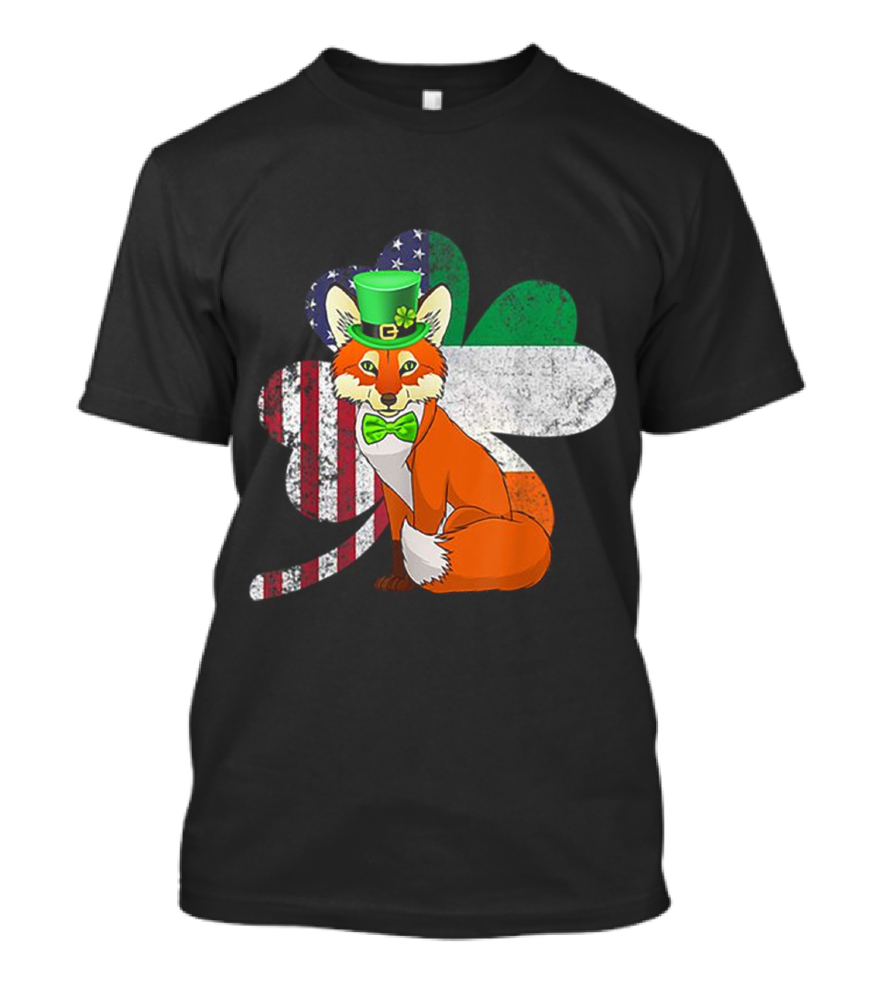 Irish American Flag Shamrock With Bow Tie Fox In Green Hat T-Shirt