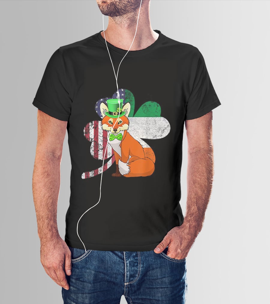 Irish American Flag Shamrock With Bow Tie Fox In Green Hat T-Shirt