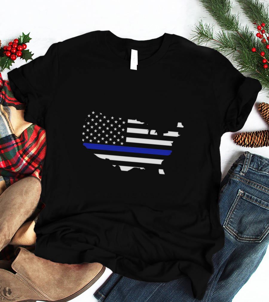 Thin Blue Line Flag Map Of USA T-Shirt