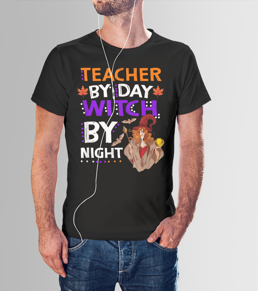 Teacher By Day Witch By Night Halloween Magic Bats Moon T-Shirt
