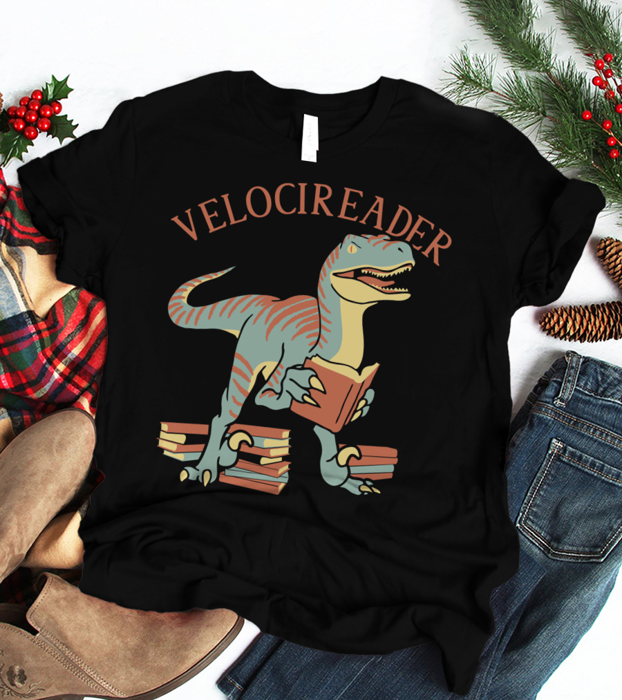 VELOCIREADER Dinosaur Reading Book With Stacked Books T-Shirt