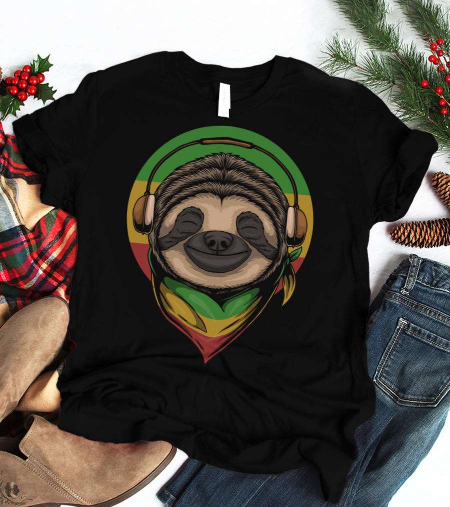 Sloth Rasta Headphones Rasta Colors T-Shirt