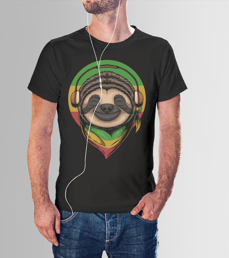 Sloth Rasta Headphones Rasta Colors T-Shirt