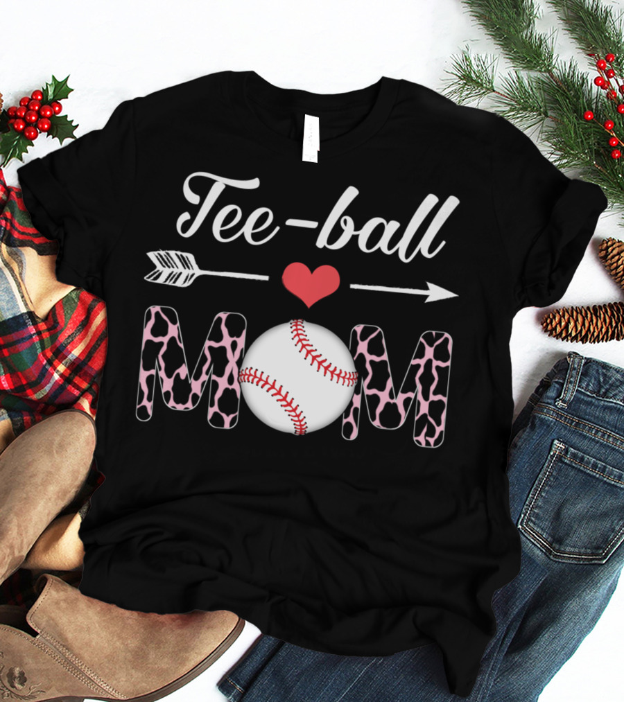 Tee-Ball Mom Heart Arrow Baseball Cow Print T-Shirt