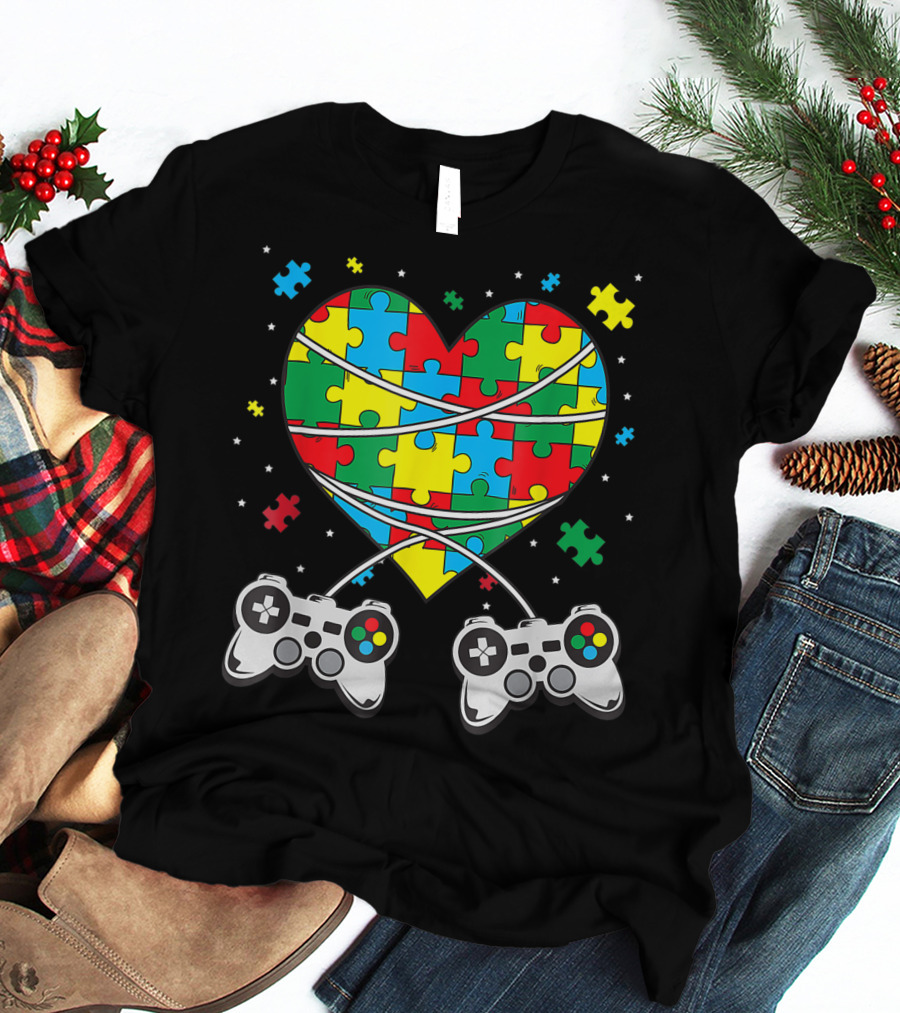 Boys Autism Awareness Month Puzzle Heart Video Game Controllers T-Shirt