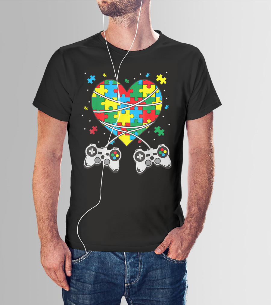 Boys Autism Awareness Month Puzzle Heart Video Game Controllers T-Shirt