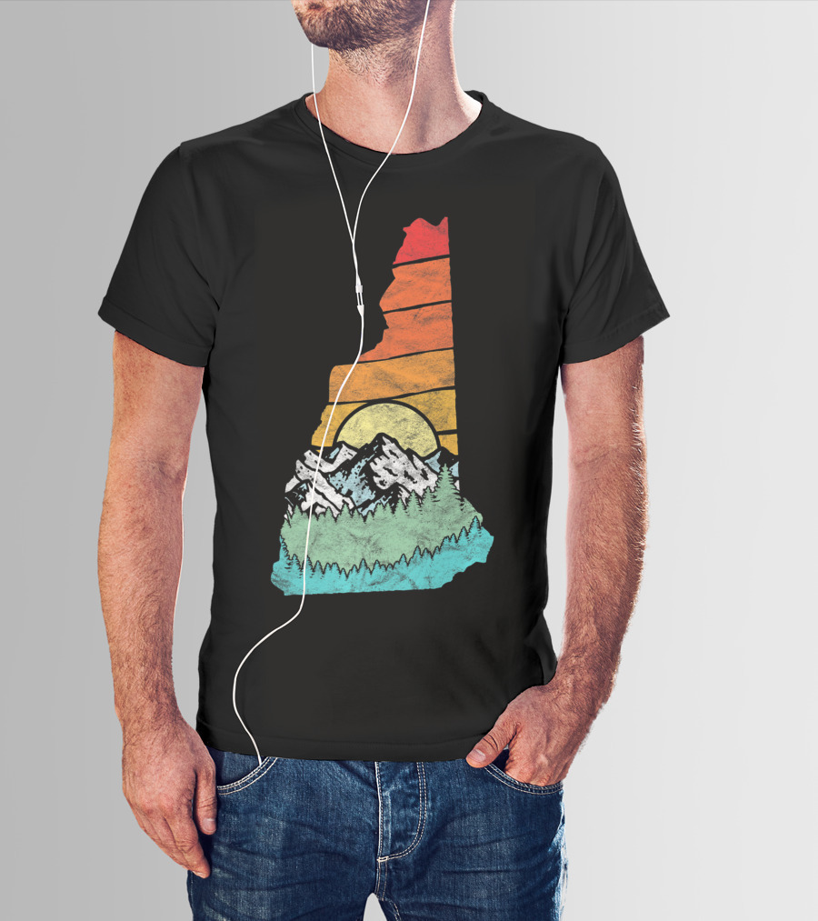 Retro New Hampshire State Outline With Mountains And Forest Sunset T-Shirt