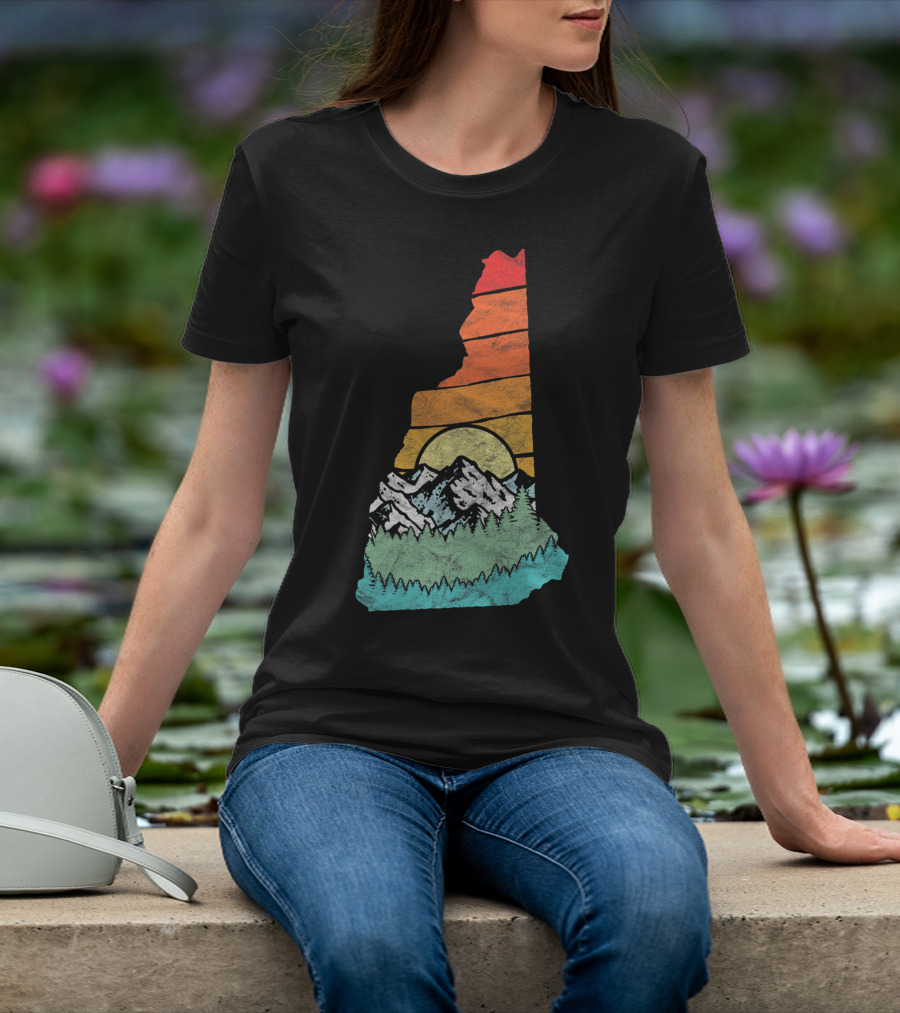 Retro New Hampshire State Outline With Mountains And Forest Sunset T-Shirt