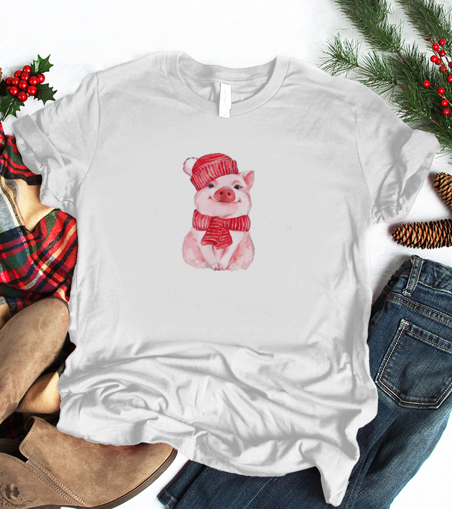 Merry Christmas Cute Pig With Red Scarf And Hat T-Shirt
