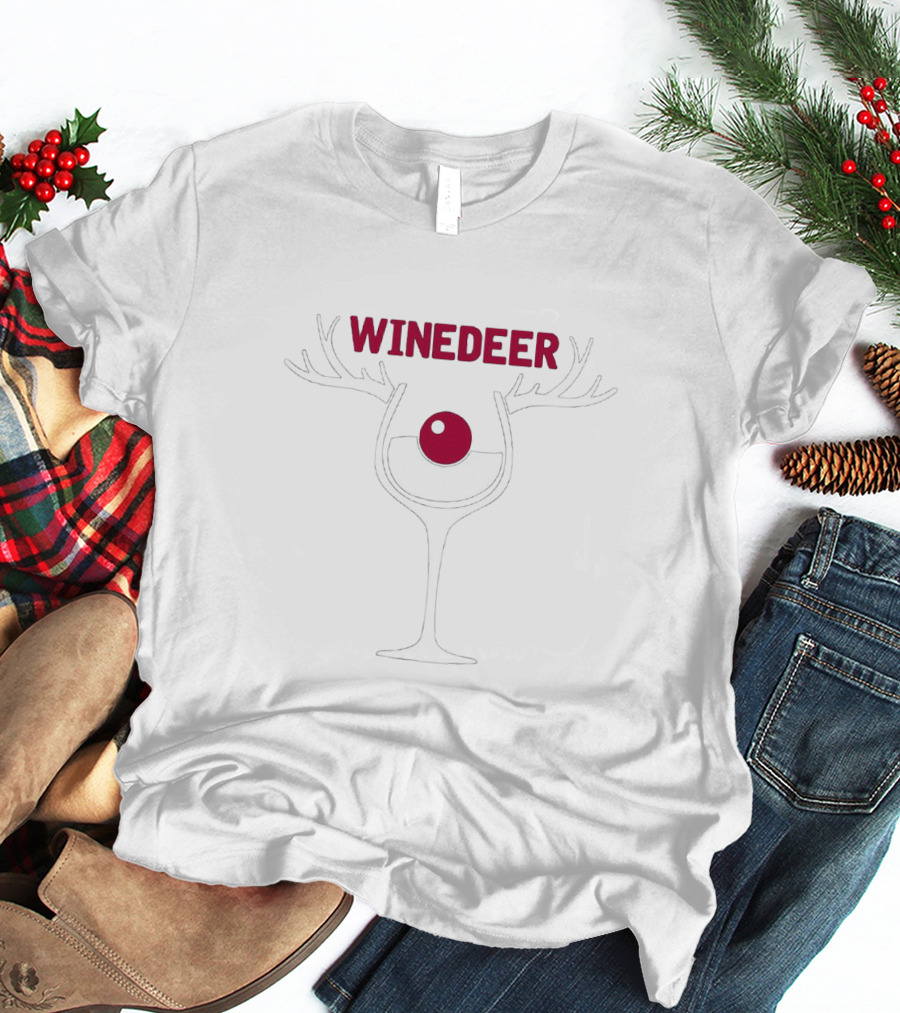 Winedeer Antlered Wine Glass With Festive Red Ball Accent T-Shirt