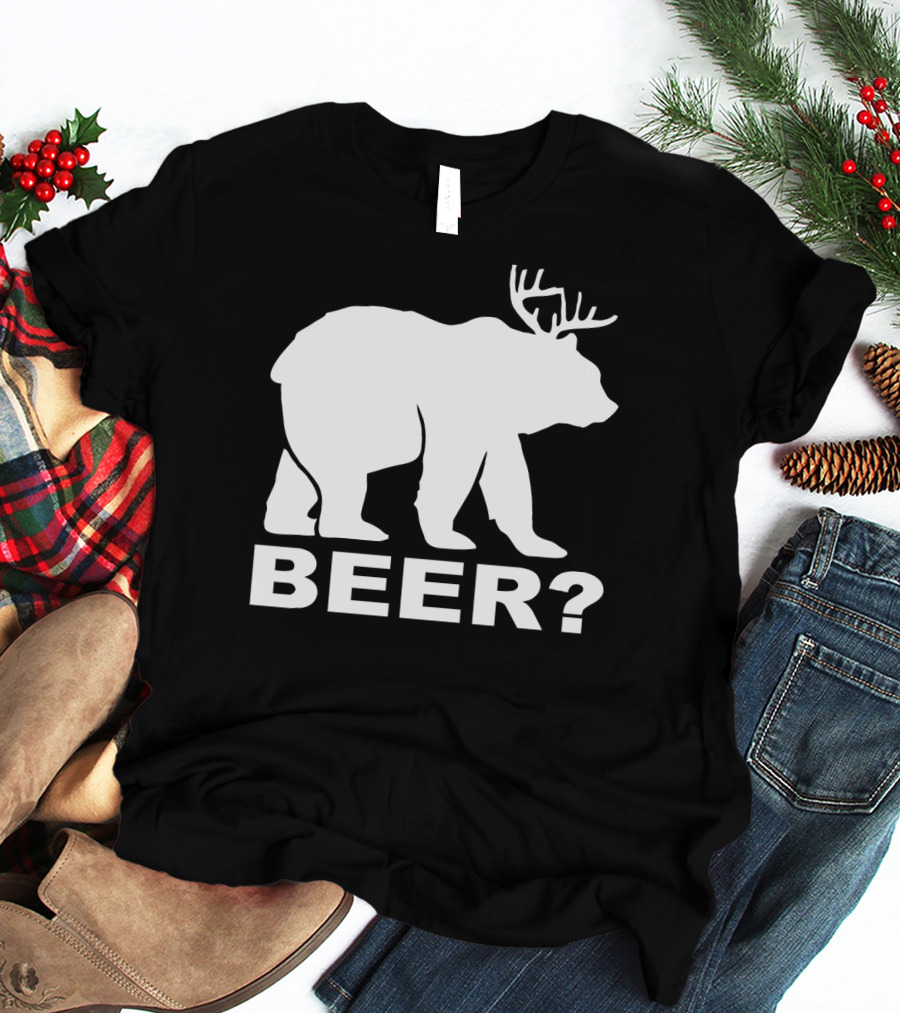 BEER Funny Drinking Party Bear With Antlers Optical Illusion T-Shirt