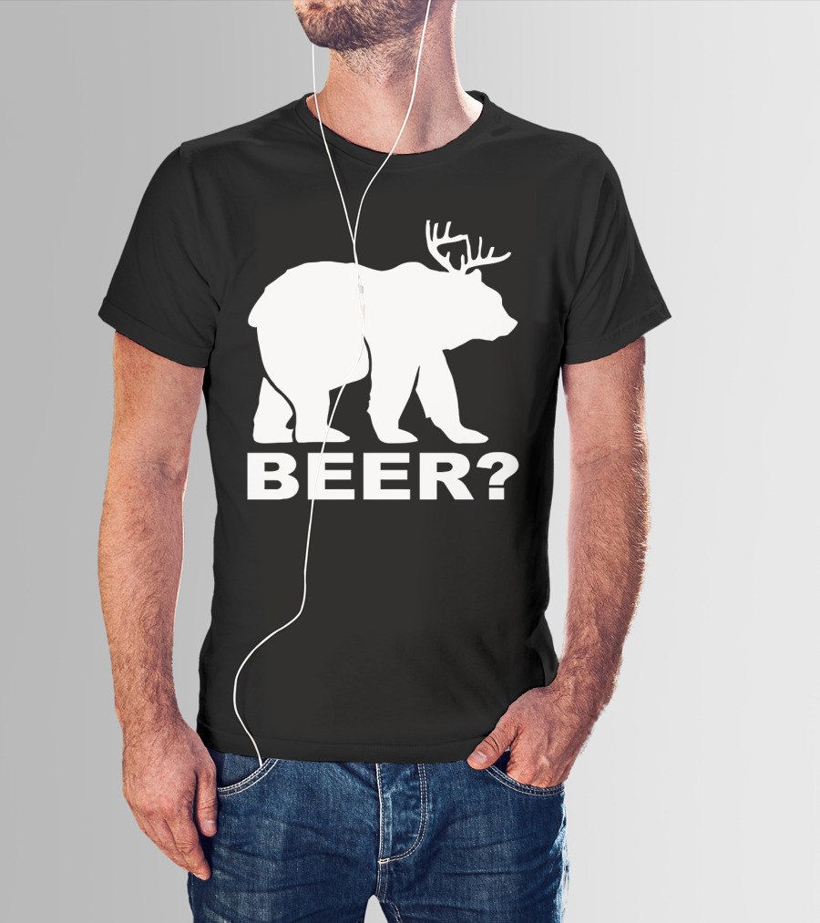 BEER Funny Drinking Party Bear With Antlers Optical Illusion T-Shirt
