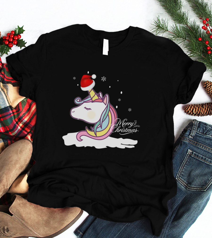 Unicorn Merry Christmas Snowflakes Santa Hat T-Shirt
