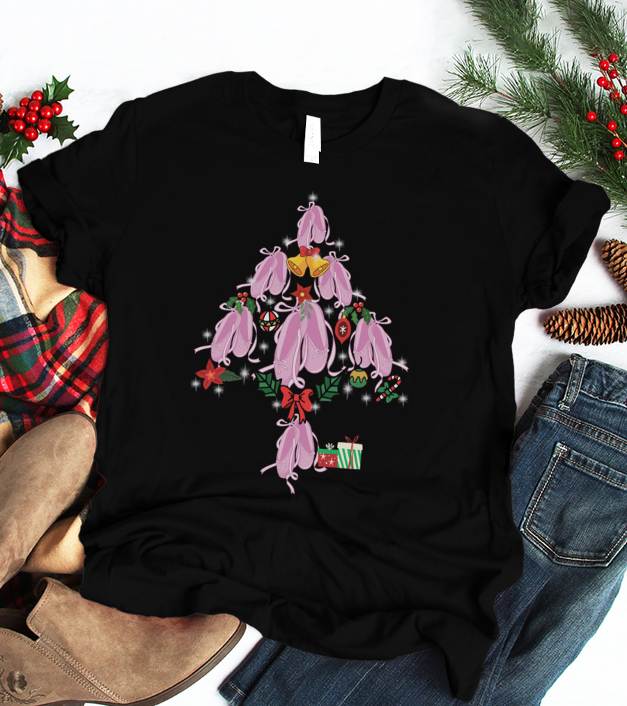 Pointe Shoes Shaped As Christmas Tree With Bells, Ornaments, And Gifts T-Shirt