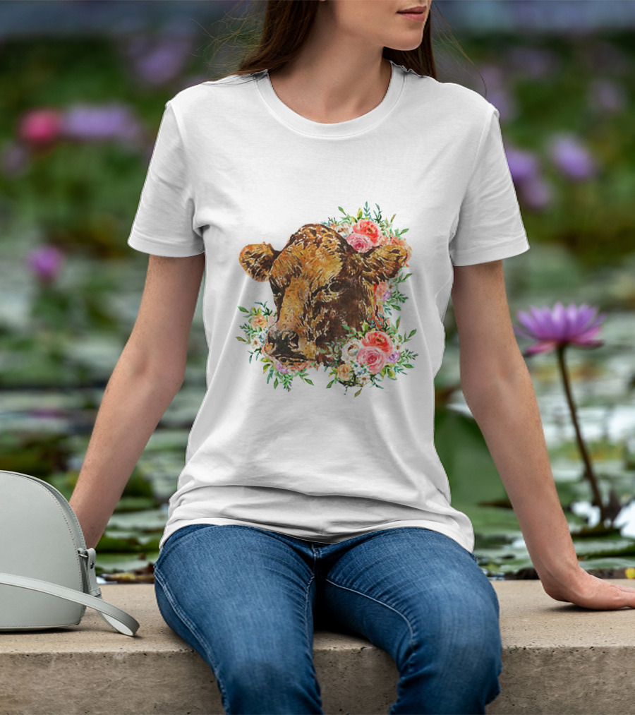 Cow With Floral Accents And Cute Cow Flower Style Motif T-Shirt