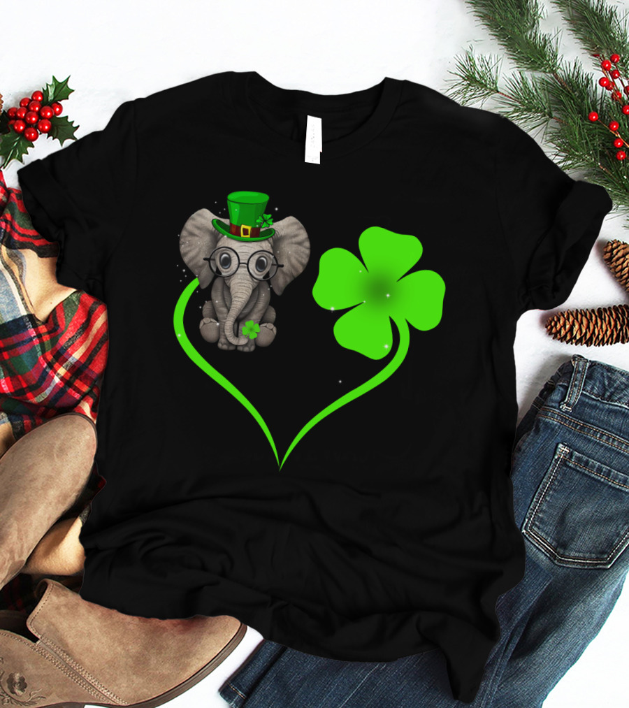 Elephant Wearing St. Patrick's Day Hat With Four-Leaf Clover And Heart-Shaped Shamrock Love T-Shirt