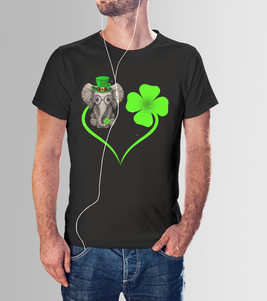 Elephant Wearing St. Patrick's Day Hat With Four-Leaf Clover And Heart-Shaped Shamrock Love T-Shirt