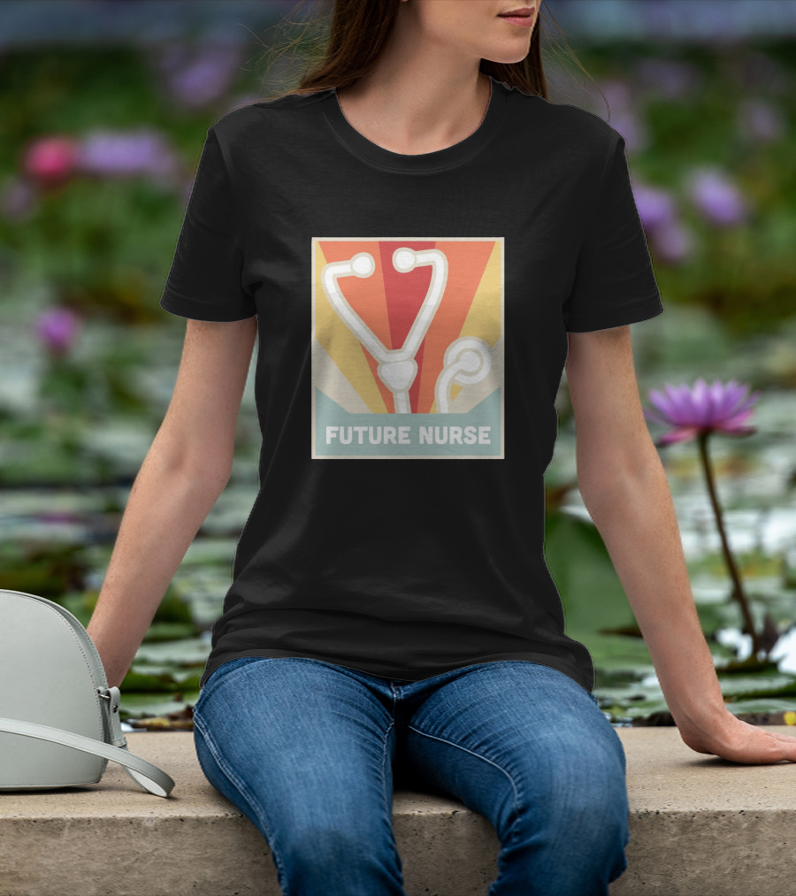 Retro Style Future Nurse Stethoscope Icon With Sunburst Background T-Shirt